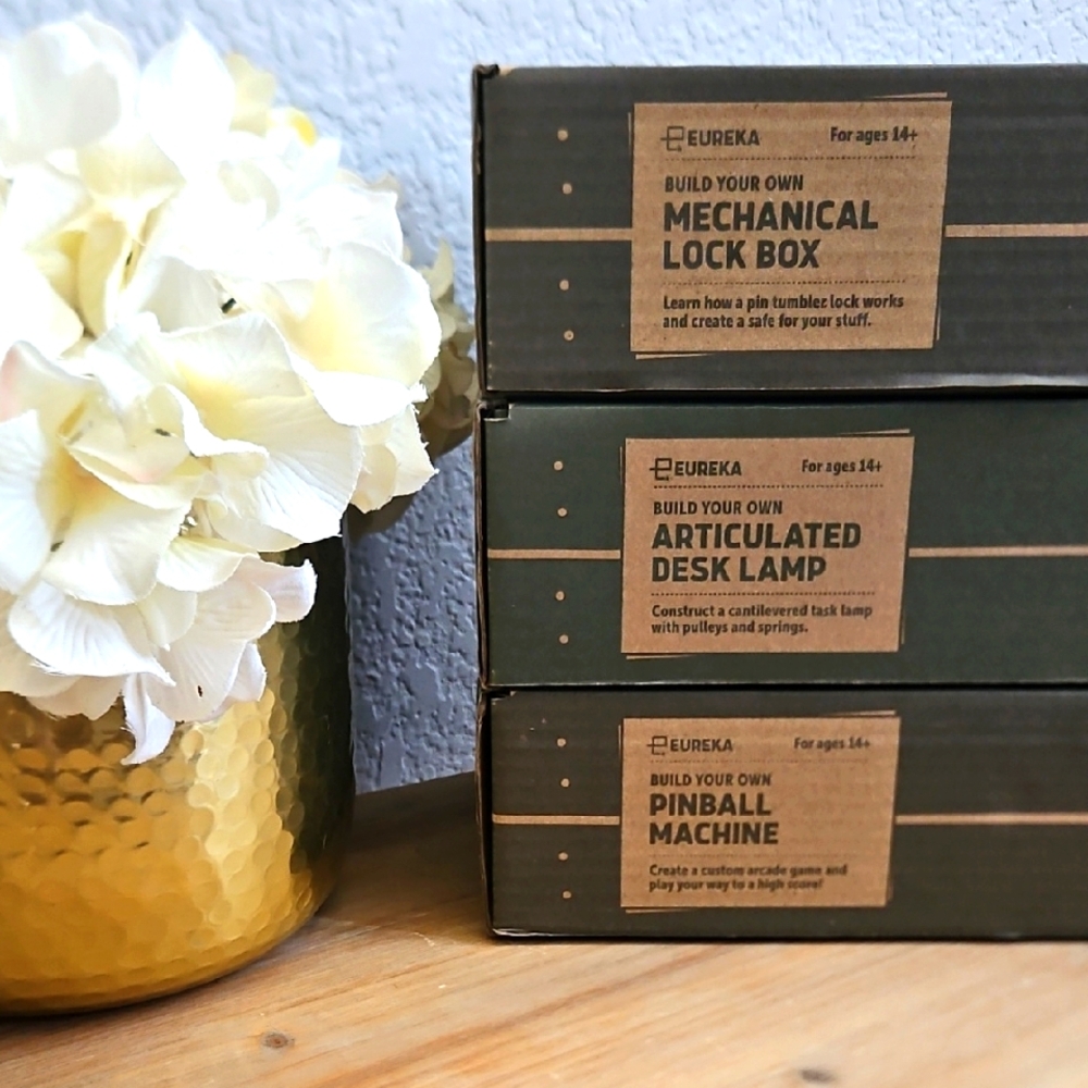 Eureka Mechanical Lock Box, Desk Lamp, and Pinball Machine Kit Set